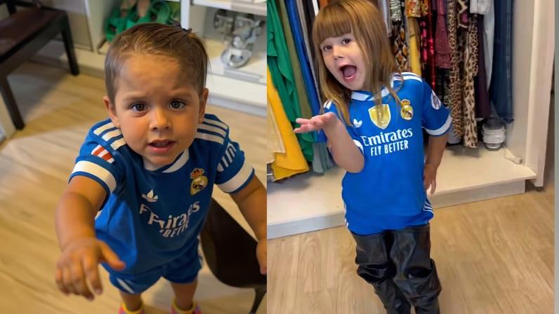 Filhas de Virginia curtem dia com Poliana Rocha usando uniforme do Real Madrid — Foto: Reprodução/ Instagram