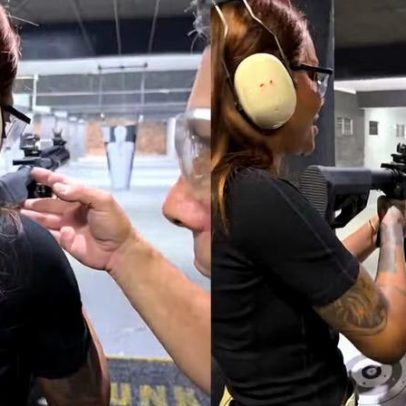 Ludmilla faz aula de tiro e brinca que é seu defeito