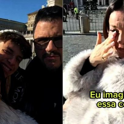 Iza Stein, esposa de Maurício Manieri, emociona-se no Vaticano após AVC