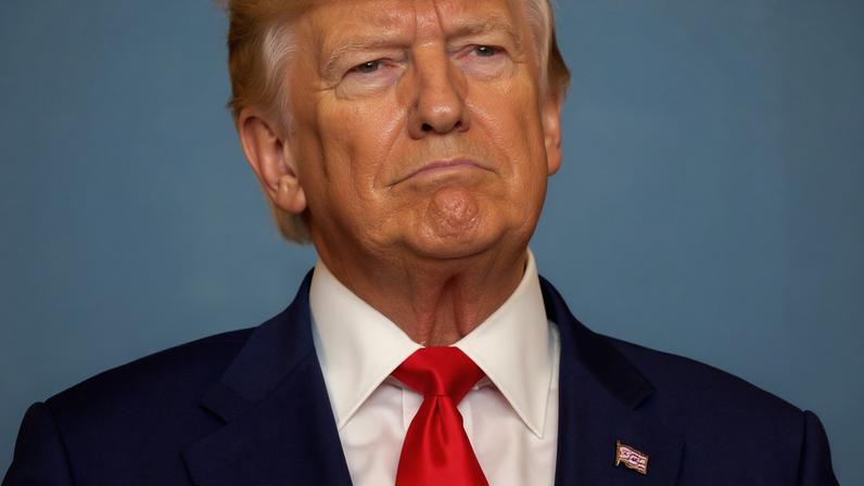 A photo illustration of Donald Trump with flags of many countries as pins on his lapel.