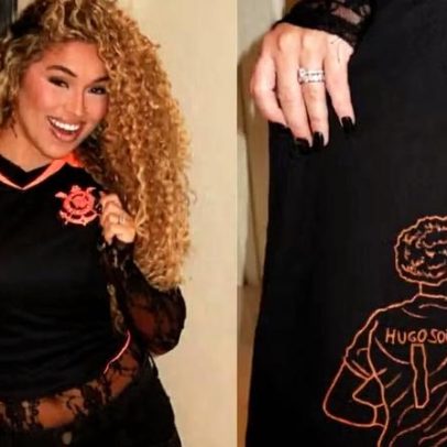 Noiva de Hugo Souza aposta em look personalizado para a final da Copa do Brasil