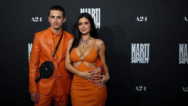 Kylie Jenner and Timothée Chalamet arrived at the “Marty Supreme” premiere in Los Angeles on Monday in matching custom outfits by Chrome Hearts. Getty Images
