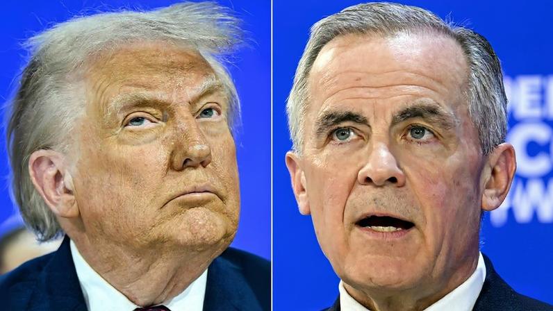 O presidente dos Estados Unidos, Donald Trump, e o primeiro-ministro do Canadá, Mark Carney – fotos: Mandel Ngan e Fabrice Coffrini/AFP