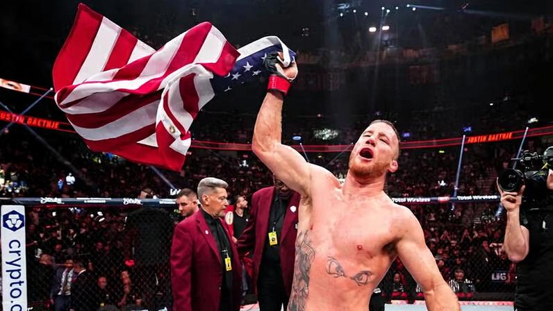 Justin Gaethje reacts to his win in a lightweight fight during the UFC 313 event at T-Mobile Arena on March 08, 2025 in Las Vegas, Nevada. (Photo by Jeff Bottari/Zuffa LLC)