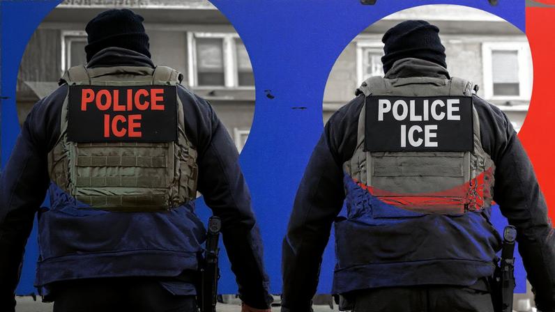 Diptych showing the backs of two ICE agents.