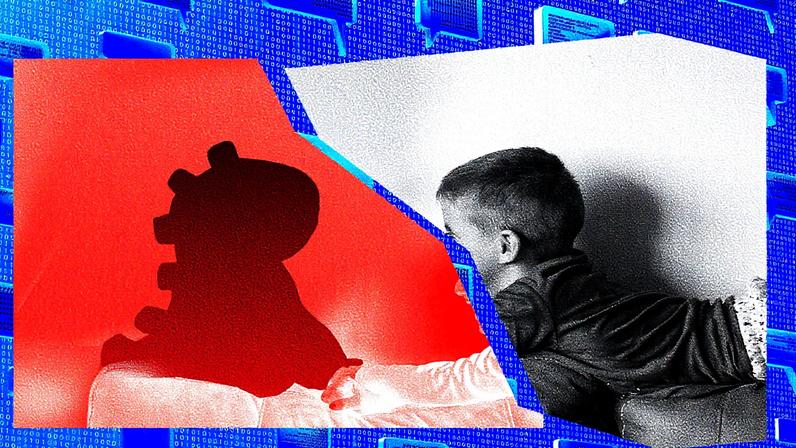 Collage with an image of a child talking to a toy split into half against a background with chat bubbles.