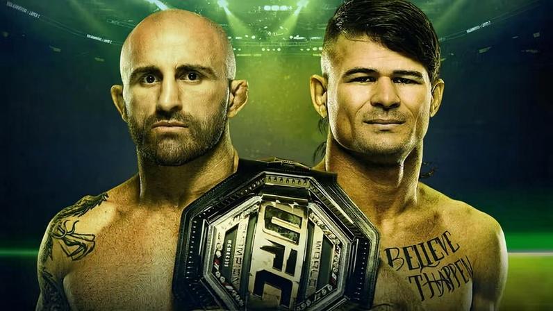 UFC featherweight champion Alexander Volkanovski and UFC 325 title challenger Diego Lopes stand side-by-side on a green and black background