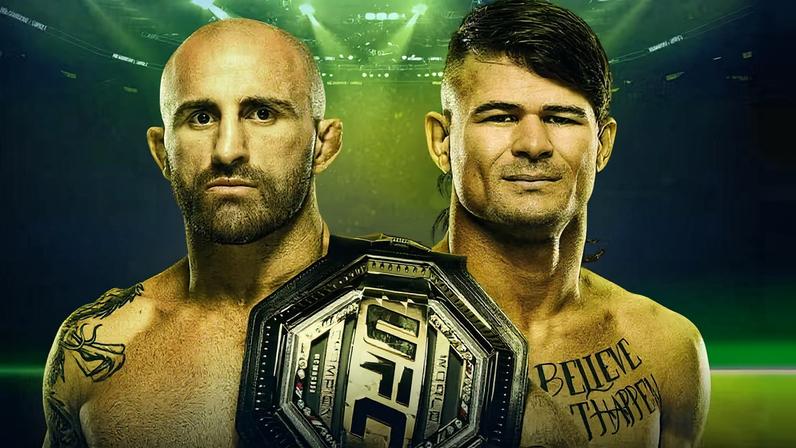 UFC featherweight champion Alexander Volkanovski and UFC 325 title challenger Diego Lopes stand side-by-side on a green and black background
