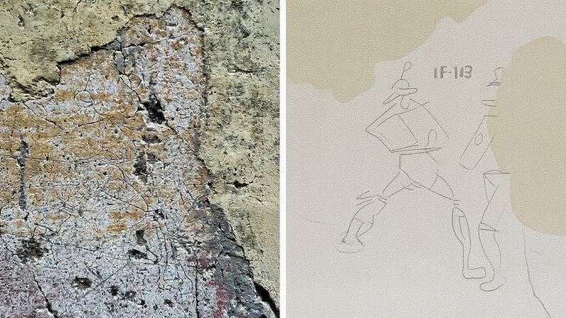 Left: The wall featuring graffiti depicting two gladiators fighting. Right: an illustration of the gladiator graffiti Pompeii Archaelogical Park