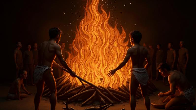 Ilustração da reconstrução do ritual de cremação.