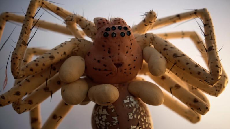 Fotografia dos ácaros formam um "colar de pérolas" em uma aranha da família Sparassidae.