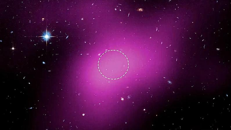 sta imagem mostra a localização da Nuvem-9, que fica a 14 milhões de anos-luz da Terra. A cor magenta difusa representa os dados de rádio do Very Large Array (VLA), um instrumento terrestre, que mostram a presença da nuvem.