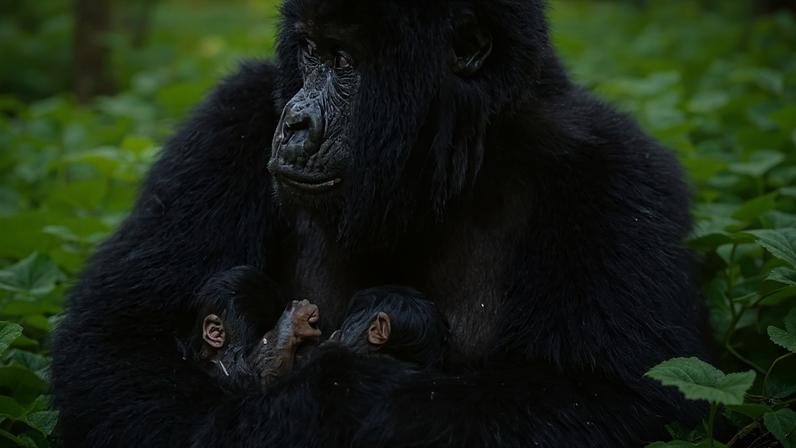 Fotografia dos gorilas gêmeos com a mãe, registrado no Parque em 2026.