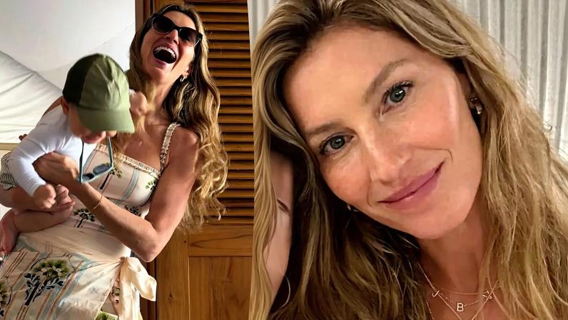 Gisele Bündchen and a family member smiling in a selfie.