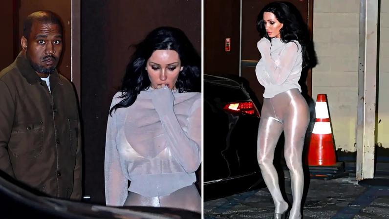 Kanye West in a brown utility jacket and Bianca Censori in a sheer silver top leaving a movie theater.