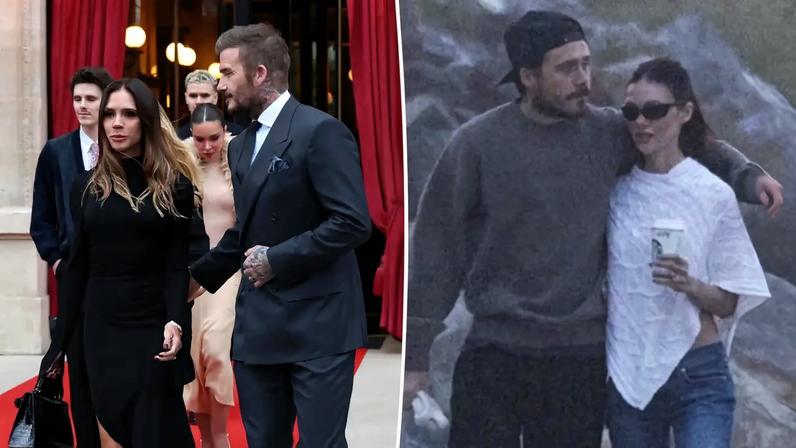 David and Victoria Beckham with family members make a stylish exit.
