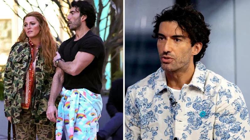 Justin Baldoni on the TODAY show, wearing a white button-down shirt with a blue floral print.