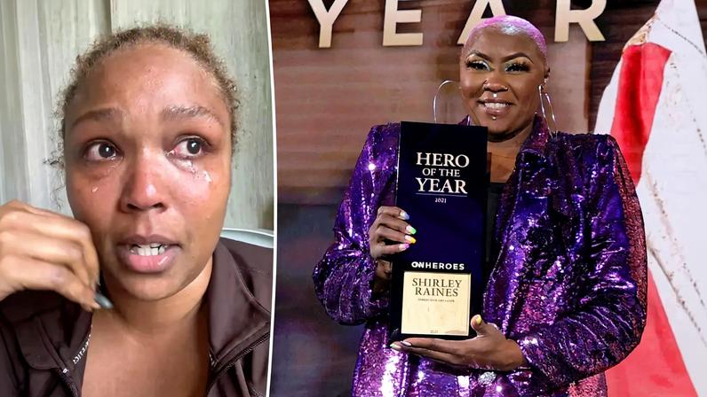 Lizzo wiped away tears as she spoke about homeless activist Shirley Raines’ death.