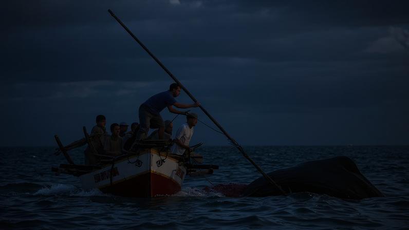 Fotografia dos moradores da remota área indígena de Nusa Tenggara Oriental utilizam métodos ancestrais de caça para capturar baleias para alimentação e obtenção de materiais.