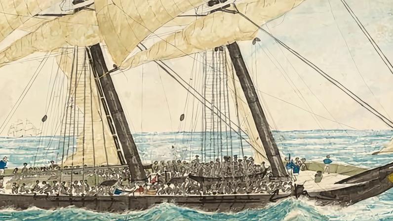 The Portuguese slaver Diligent captured by HM Sloop Pearl with 600 slaves on board taken in charge to Nassau. The slave ship Diligente was engaged in the illegal slave trade when it was seized in 1838. A lieutenant in the British Royal Navy painted this scene from the ship.
