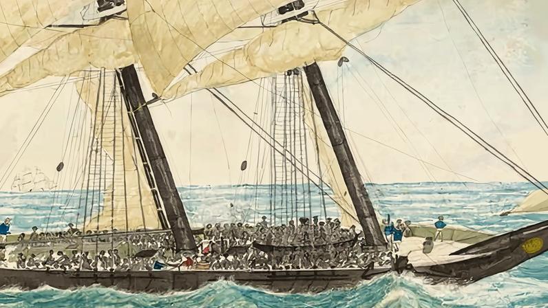 The Portuguese slaver Diligent captured by HM Sloop Pearl with 600 slaves on board taken in charge to Nassau. The slave ship Diligente was engaged in the illegal slave trade when it was seized in 1838. A lieutenant in the British Royal Navy painted this scene from the ship.