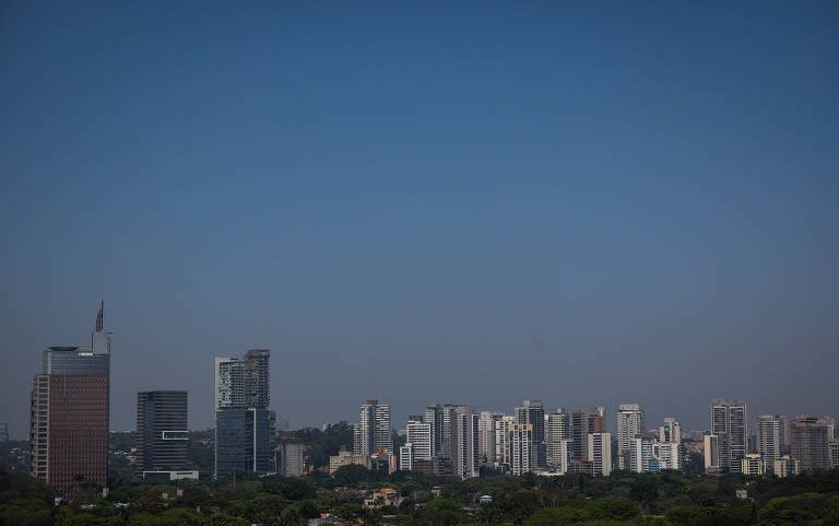 Vista panorâmica do horizonte da cidade de São Paulo com prédios altos e modernos ao fundo e área verde em primeiro plano sob céu azul claro.