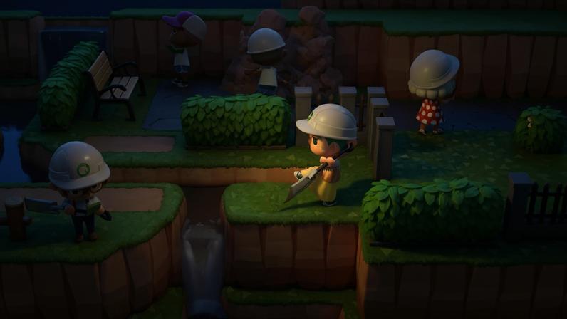 Imagem do jogo animal crossign, cinco personagens construindo um parque.
