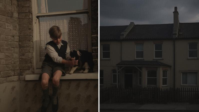 Left: David and cat, c.1956. Right: David Bowie house exterior watercolour