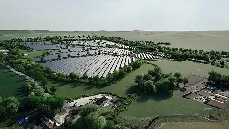 An artist's impression of the solar field. It s surrounded by trees and has a gentle sloping hill behind it. A couple of farms can be seen in the foreground.