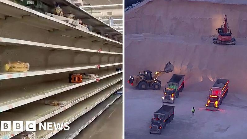 Empty shelves as seen on the left and a mountain of salt is seen on the right.