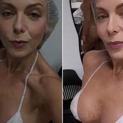 Sheila Mello exibe bronzeado com biquíni de fita branco