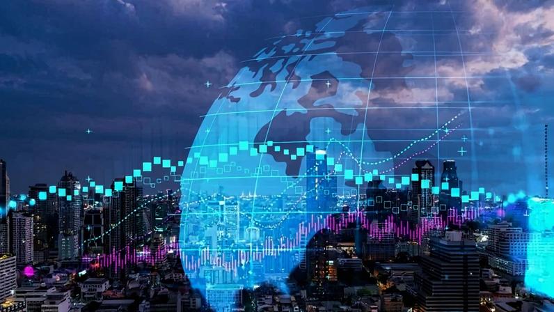 Gráfico de FOREX em holograma, vista aérea panorâmica noturna da cidade de Bangkok