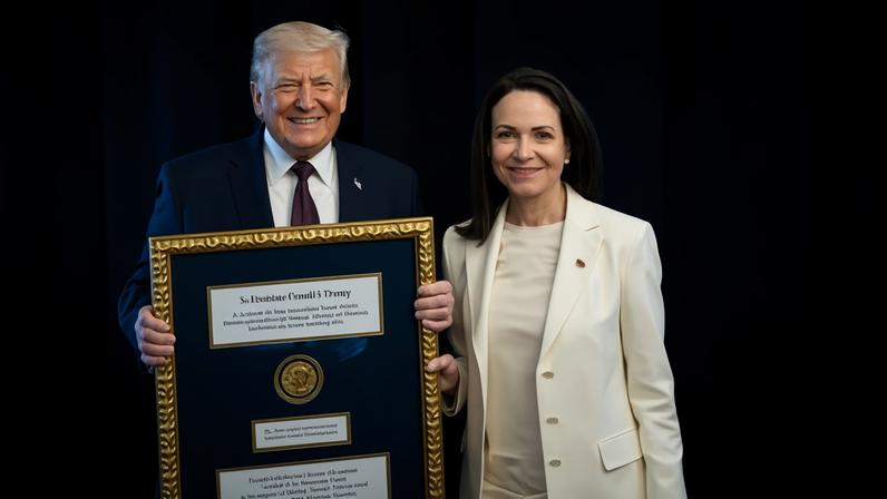 Donald Trump with María Corina Machado's Nobel peace prize medal