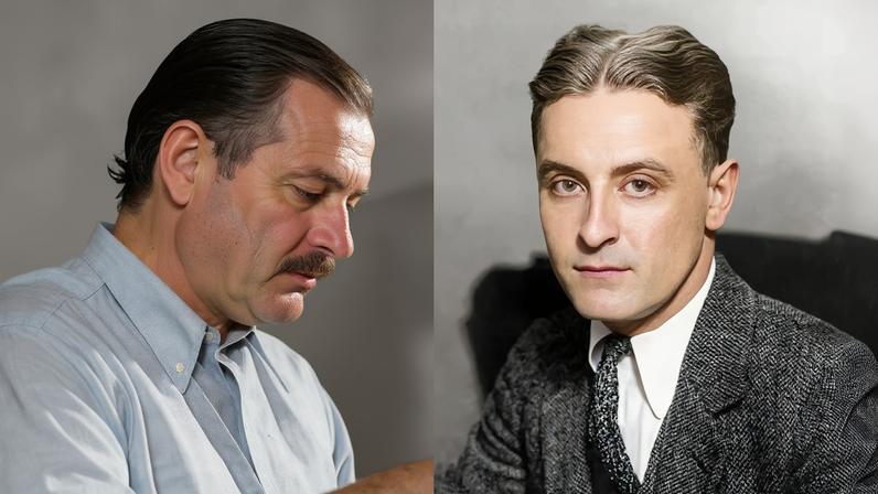 Fotografias de Ernest Hemingway e F. Scott Fitzgerald.