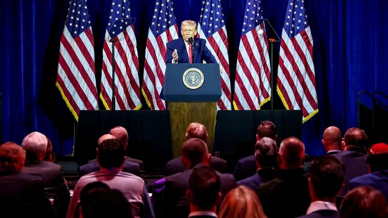 U.S. President Donald Trump addresses House Republicans at their annual issues conference retreat, at the Kennedy Center, renamed the Trump-Kennedy Center by the Trump-appointed board of directors, in Washington, D.C., U.S., January 6, 2026. REUTERS/Kevin Lamarque TPX IMAGES OF THE DAY