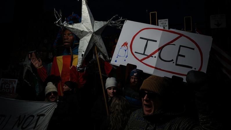 People march during a protest against increased immigration enforcement, after the fatal shooting of Renee Nicole Good by a U.S. Immigration and Customs Enforcement (ICE) agent, in Minneapolis, Minnesota, U.S., January 10, 2026. REUTERS/Tyrone Siu