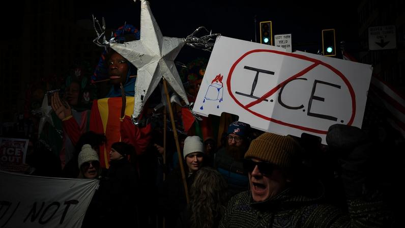 People march during a protest against increased immigration enforcement, after the fatal shooting of Renee Nicole Good by a U.S. Immigration and Customs Enforcement (ICE) agent, in Minneapolis, Minnesota, U.S., January 10, 2026. REUTERS/Tyrone Siu