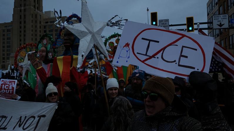 People march during a protest against increased immigration enforcement, after the fatal shooting of Renee Nicole Good by a U.S. Immigration and Customs Enforcement (ICE) agent, in Minneapolis, Minnesota, U.S., January 10, 2026. REUTERS/Tyrone Siu