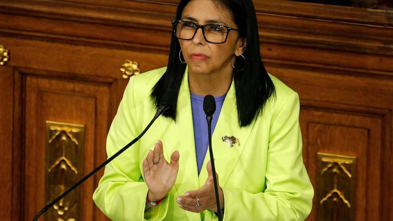 Venezuela's interim president Delcy Rodriguez applauds as she delivers her first annual address to the nation at the National Assembly, following the U.S. strike in Caracas that resulted in the capture of President Nicolas Maduro and his wife, Cilia Flores, in Caracas, Venezuela, January 15, 2026. REUTERS/Leonardo Fernandez Viloria