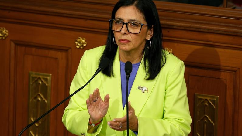 Venezuela's interim president Delcy Rodriguez applauds as she delivers her first annual address to the nation at the National Assembly, following the U.S. strike in Caracas that resulted in the capture of President Nicolas Maduro and his wife, Cilia Flores, in Caracas, Venezuela, January 15, 2026. REUTERS/Leonardo Fernandez Viloria