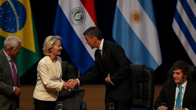 European Commission President Ursula von der Leyen shakes hands with Paraguay's President Santiago Pena, with European Council President Antonio Costa and Argentina's President Javier Milei next to them, on the day authorities of the European Union and the South American bloc Mercosur sign a free trade agreement, ending more than 25 years of negotiations, in Asuncion, Paraguay, January 17, 2026. REUTERS/Cesar Olmedo