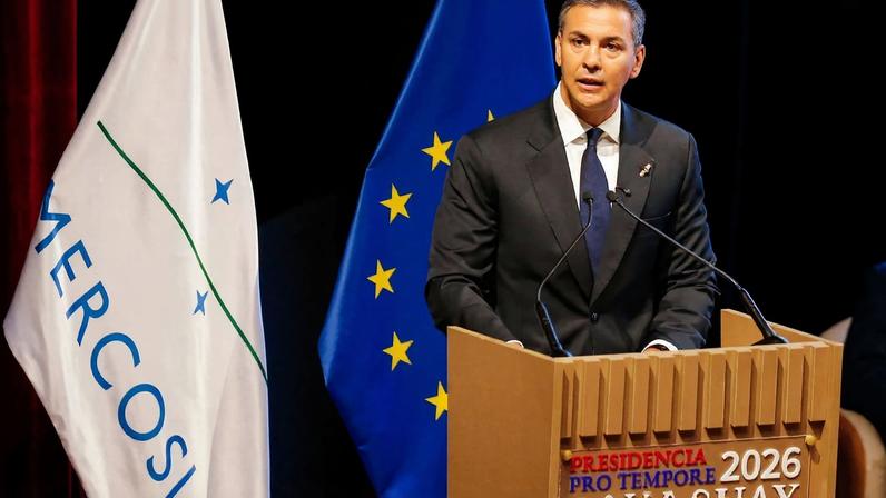 Paraguay's President Santiago Pena delivers a speech, on the day authorities of the European Union and the South American bloc Mercosur sign a free trade agreement, ending more than 25 years of negotiations, in Asuncion, Paraguay, January 17, 2026. REUTERS/Cesar Olmedo