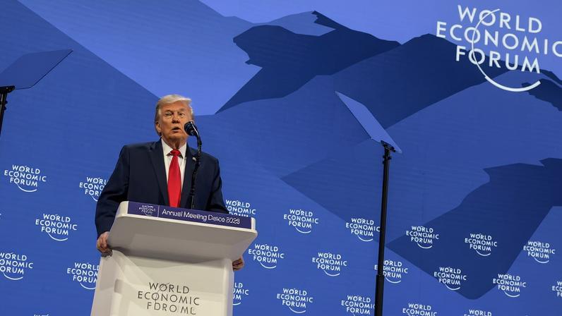 U.S. President Donald Trump speaks during the 56th annual World Economic Forum (WEF), in Davos, Switzerland, January 21, 2026. REUTERS/Jonathan Ernst