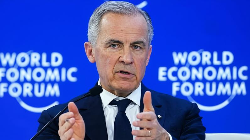 Canada Prime Minister Mark Carney delivers a speech at the World Economic Forum in Davos, Switzerland
