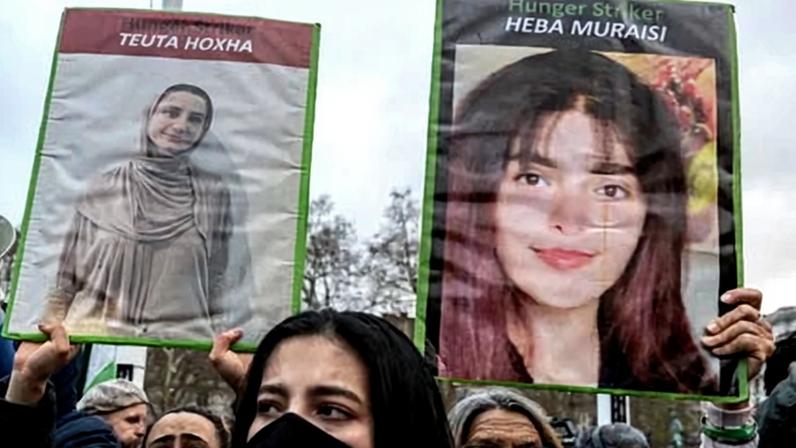 Supporters of Palestine Action-linked hunger strikers protesting in Parliament Square in December.