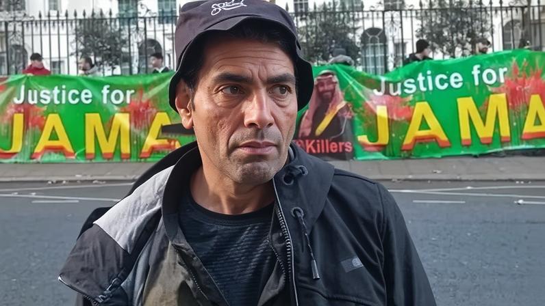 The satirist Ghanem al-Masarir at a protest outside the Saudi Arabian embassy in west London in 2018, calling for justice for Jamal Khashoggi.