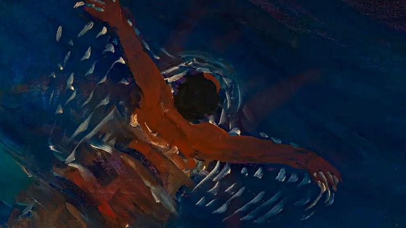 Pintura de uma homem nadando.