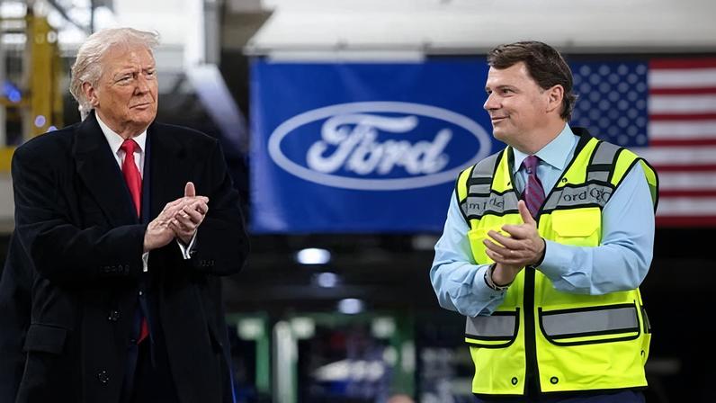 Donald Trump and Ford’s chief executive, Jim Farley, at a Ford production center in Dearborn, Michigan, on 13 January 2026.