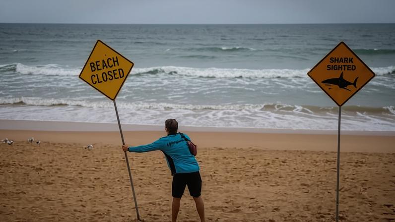A lifeguard places a sign at Manly Beach, where a man was attacked by a shark on Monday. There have been four shark attacks in three days in New South Wales.