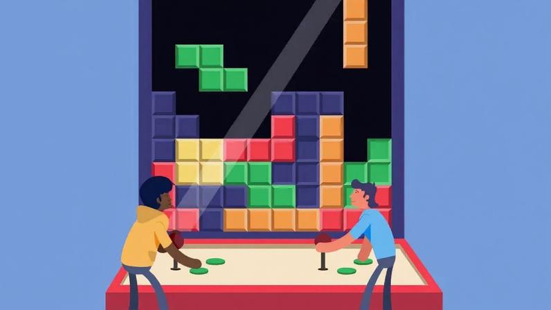 Ilustração de duas pessoas jogando Tetris.